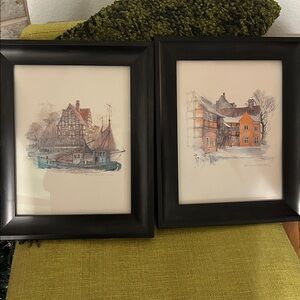 Mads G Stage Danish famous artist Two Framed Art Prints signed. Watercolors.